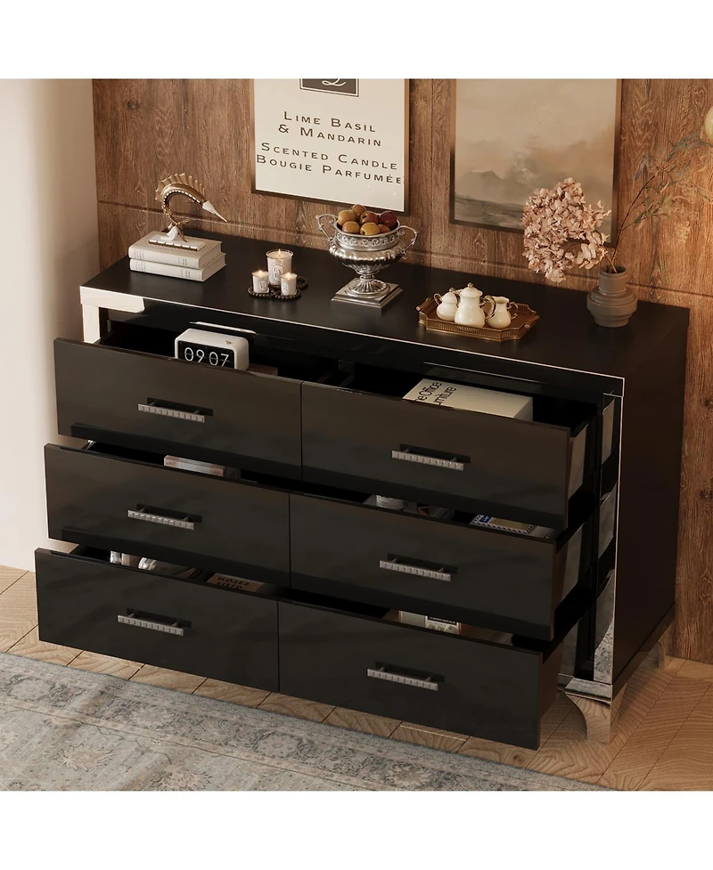 Streamdale Furniture Elegant High Gloss Dresser with Metal Handle, Mirrored Storage Cabinet 6 Drawers