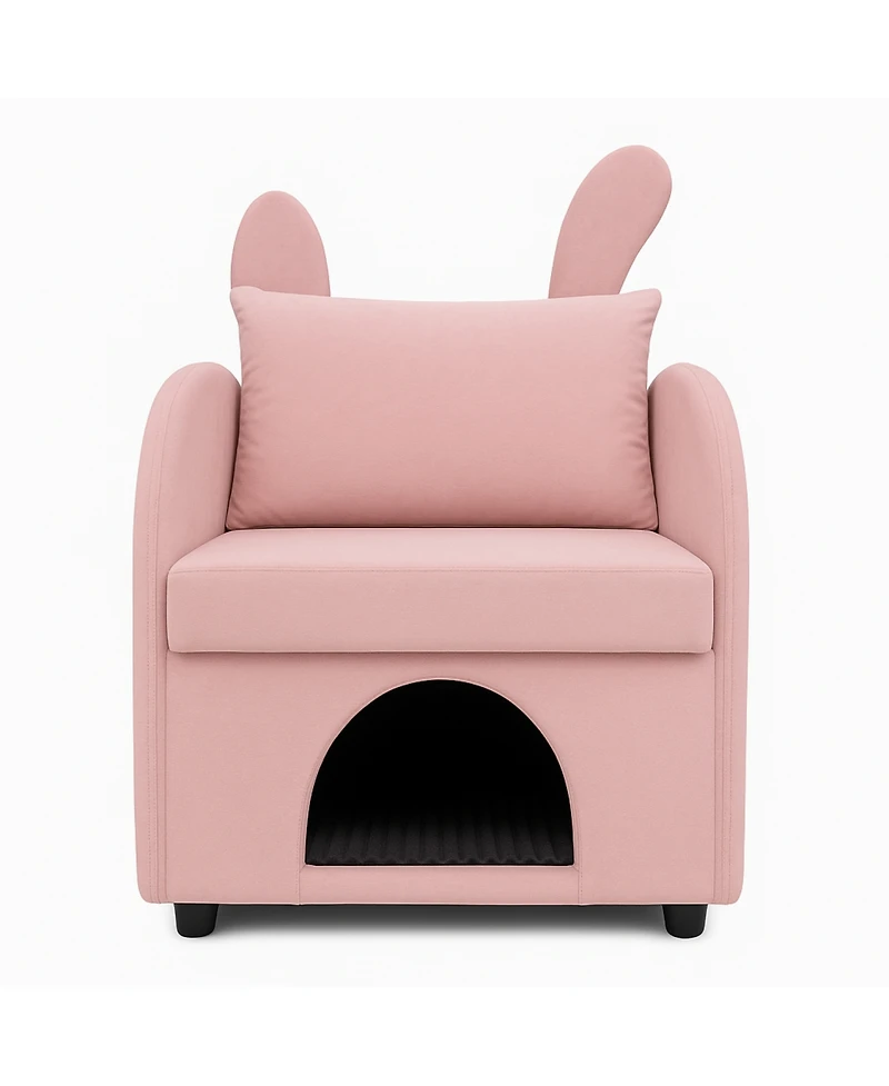 Streamdale Furniture Velvet Pink Bunny-Ear Pet-Friendly Armchair with Cat & Dog Hideaway