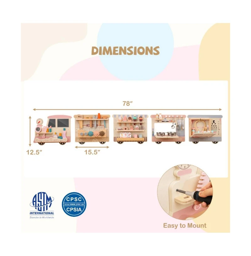 Kids Wall Mounted Sensory Activity Train with Five Skill Building Play Stations