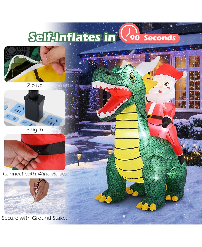 Gymax 6.7 Ft Christmas Inflatable Santa Claus Ride on Dinosaur