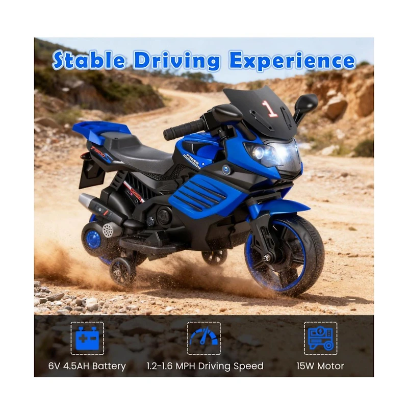 Hongge Kids Electric Ride On Motorcycle with Training Wheels and Realistic Driving Features