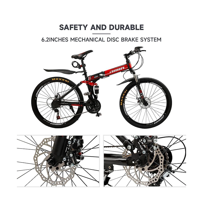 Artudatech 26-Inch Folding Mountain Bike with Shimano 21-Speed, Dual Disc Brakes & Full Suspension for Commuting