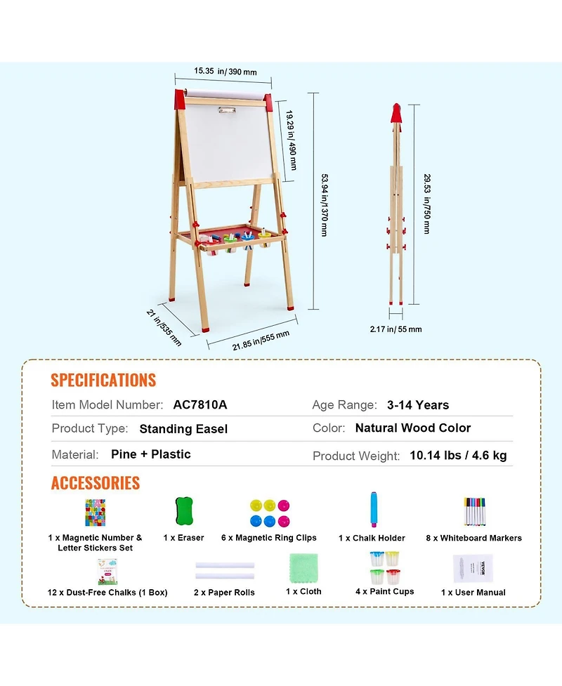 Hongge Kids Art Easel with Adjustable Height Double Sided Magnetic Board and Complete Drawing Accessories