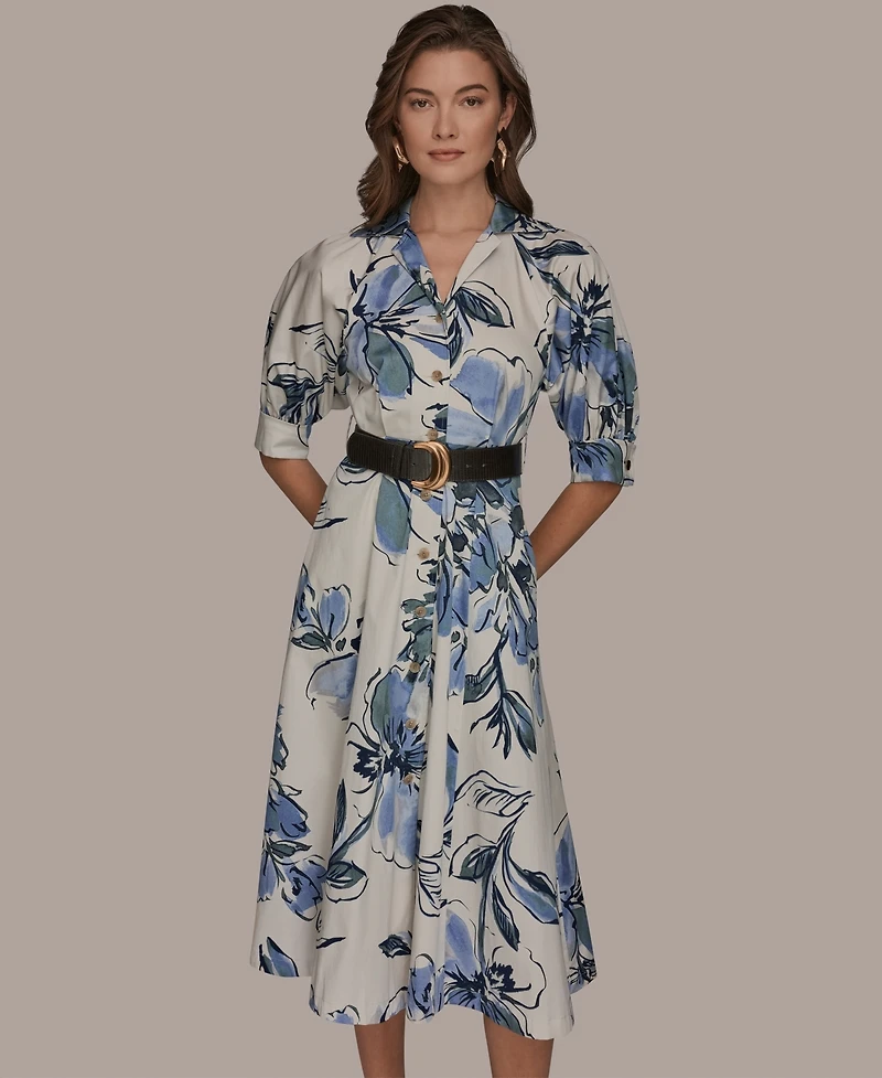 Donna Karan New York Women's Spread Collar Floral Midi Shirt Dress