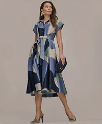 Donna Karan New York Women's Cap-Sleeve Spread Collar Geometric Colorblock Midi Shirt Dress