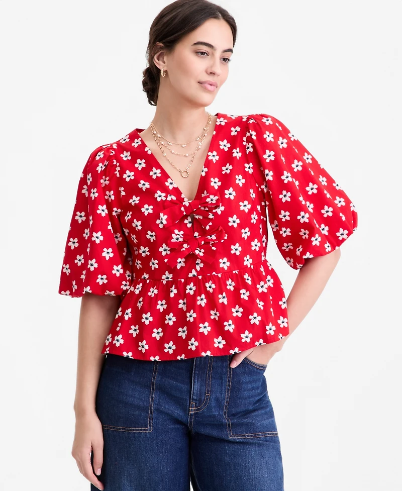 On 34th Women's Puff-Sleeve Tie-Front Peplum Blouse, Macy's Exclusive
