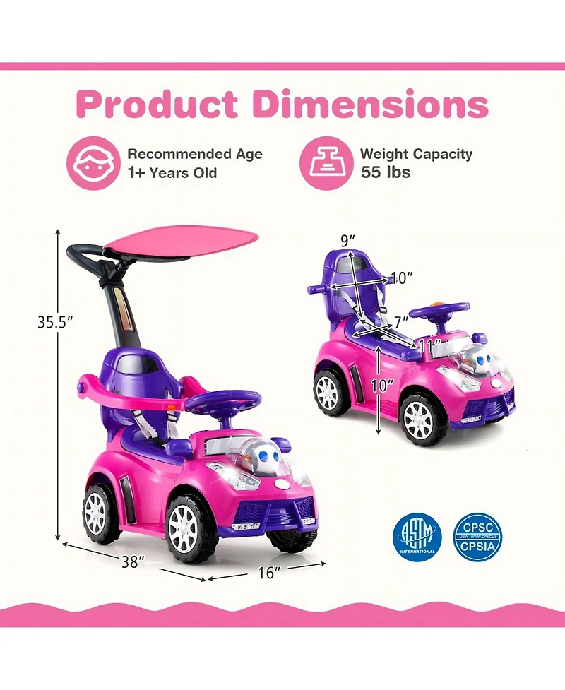 Hongge 3 In 1 Toddler Push Car Ride On Toy With Canopy Storage And Parental Handle