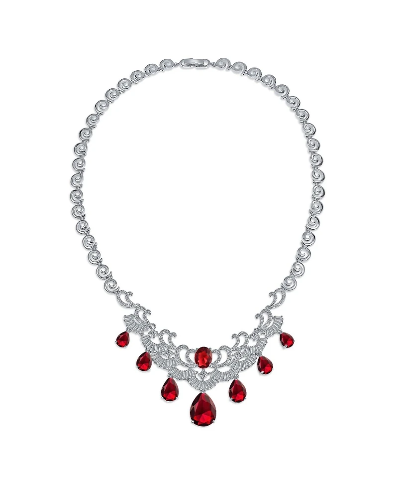 Bling Jewelry Art Deco Style Ruby Red Cz Cubic Zirconia Statement Bib Necklace and Teardrop Earrings Jewelry Set