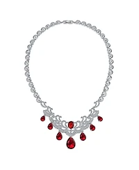 Bling Jewelry Art Deco Style Ruby Red Cz Cubic Zirconia Statement Bib Necklace and Teardrop Earrings Jewelry Set