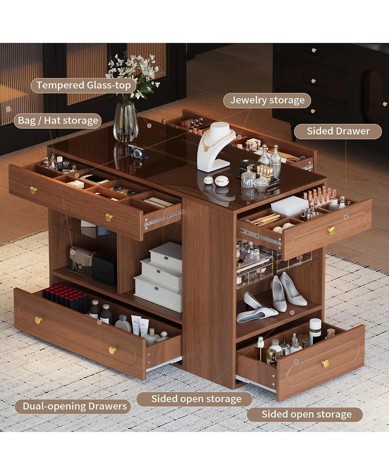 Streamdale Furniture Walnut Closet Island with Drawers, Glass Top, Shelves & Jewelry Storage