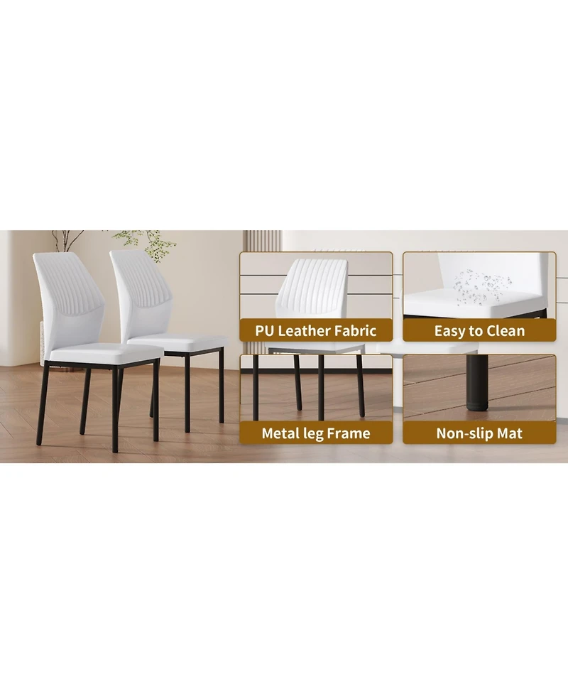 Streamdale Furniture Luxury White Pu Dining Chairs - Set of 4 Black Metal Legs