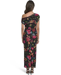 Vince Camuto Women's Printed Mesh Asymmetrical Neckline Bodycon Dress