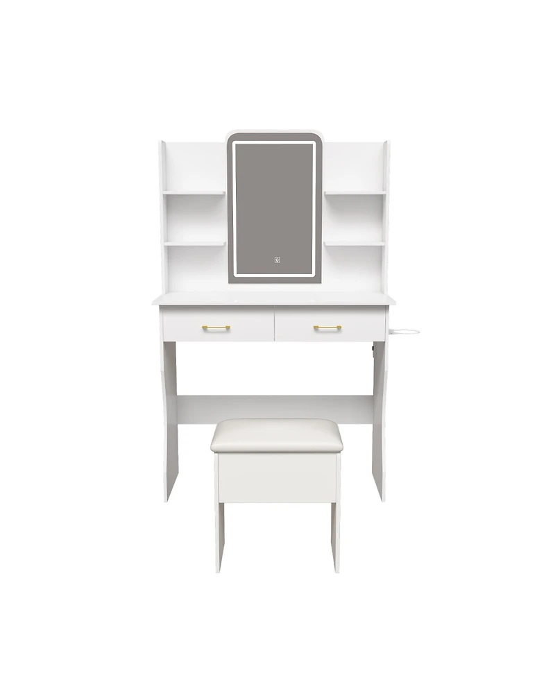 Streamdale Furniture Vanity Desk with Led Lights Mirror, Power Outlet, Drawers & Chair - White