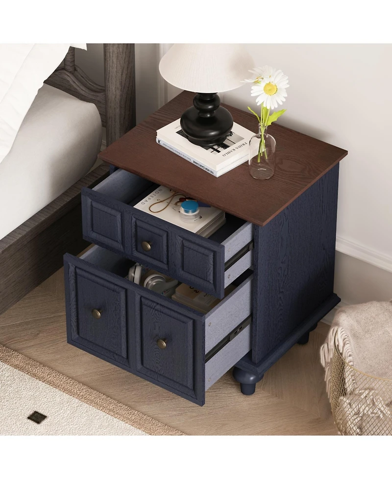Streamdale Vintage Nightstand 2 Drawer Roman Column Legs Dark Blue