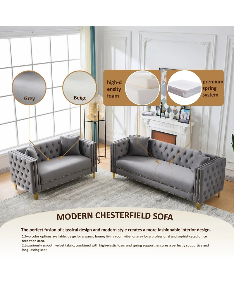 Streamdale Furniture 58" Chesterfield Velvet Sofa, 2 Seater, Button Nailhead, Square Arm - Grey
