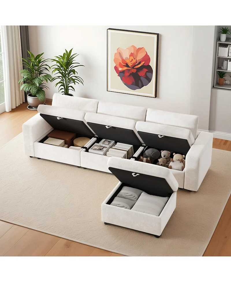 Streamdale Furniture Oversized Cloud Sectional Couch with Ottoman, Velvet Sofa, Removable Pillows, Beige