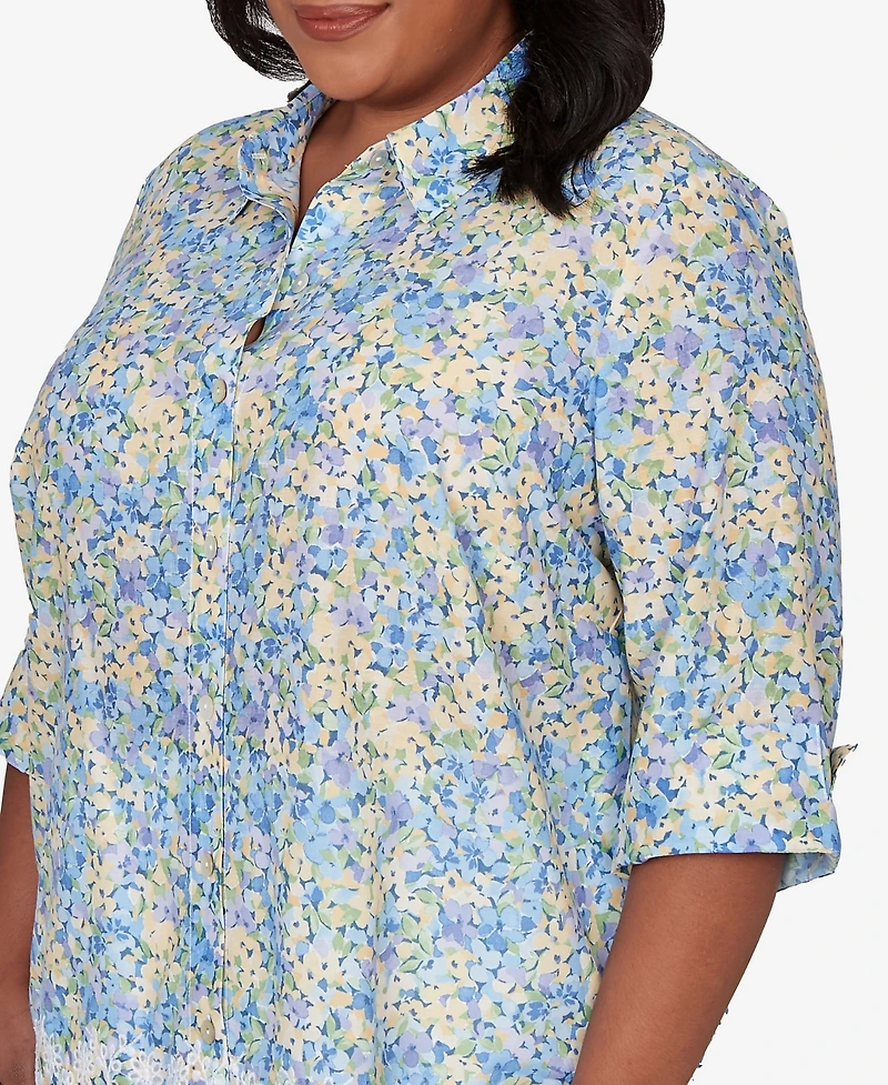 Alfred Dunner Plus Classic Embroidered Floral Border Button Down Top