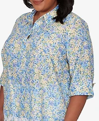 Alfred Dunner Plus Classic Embroidered Floral Border Button Down Top