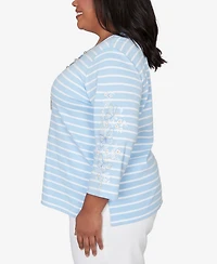 Alfred Dunner Plus Classic Stripe Cornflower Embroidered Sleeve Top with Necklace