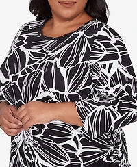 Alfred Dunner Plus Classic Floral Linework Side Tie Ruched Top