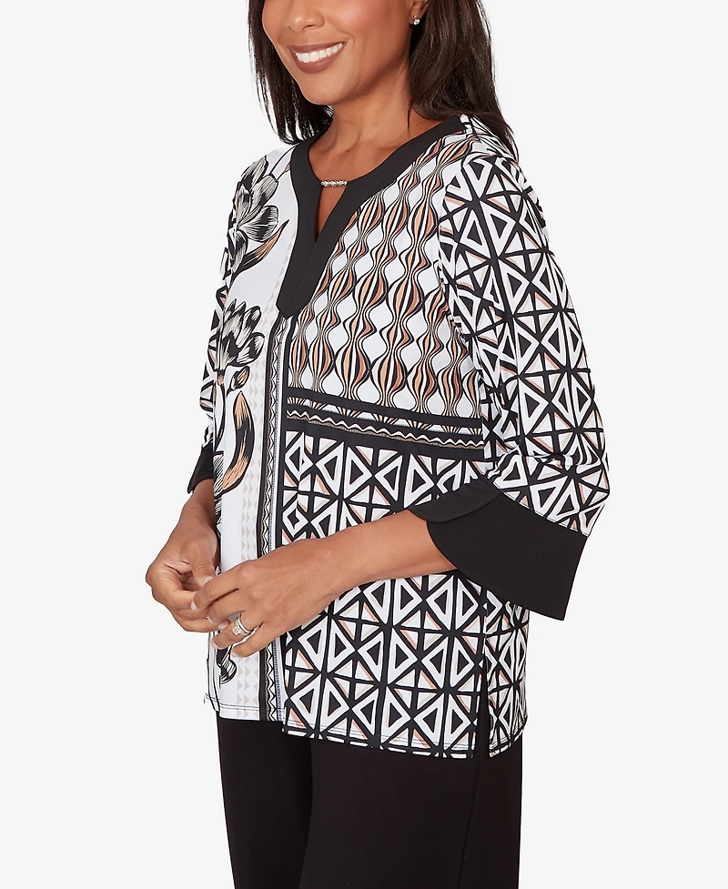 Alfred Dunner Women's Classic Floral Geo Patchwork Split Neck Top