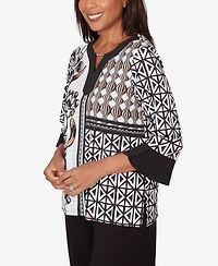 Alfred Dunner Women's Classic Floral Geo Patchwork Split Neck Top