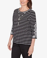 Alfred Dunner Women's Classic Pinstripe Embroidered Sleeve Top with Necklace
