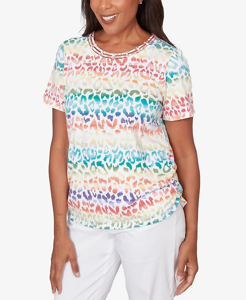 Alfred Dunner Women's Rainbow Animal Print Beaded Neck Ruched T-Shirt