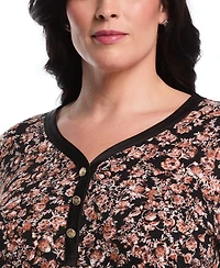 Rafaella Plus Floral Print 3/4 Puff Sleeve V-Neck Top