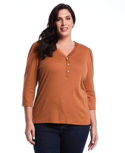 Rafaella Plus 3/4 Puff Sleeve V-Neck Top