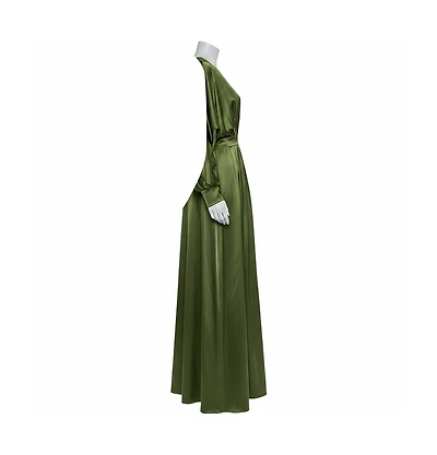 Pre-Owned Balmain Women's Green Silk Satin Pleated Front Slit Detail Maxi Dress