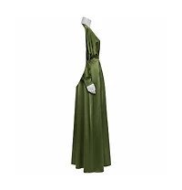 Pre-Owned Balmain Women's Green Silk Satin Pleated Front Slit Detail Maxi Dress