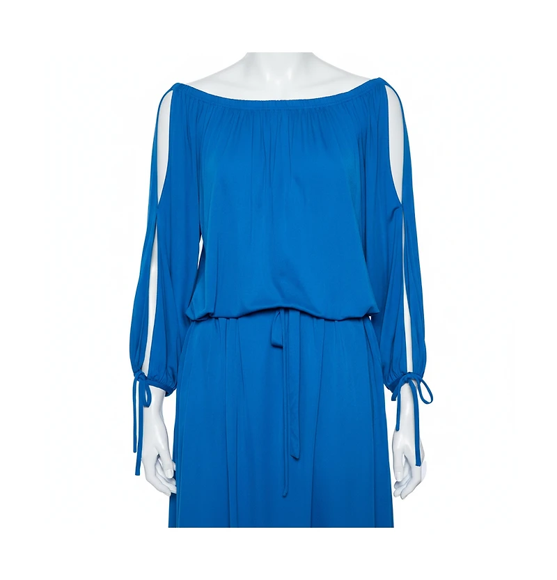 Pre-Owned Roberto Cavalli Women's Blue Jersey Cold Shoulder Tassel Tie Detailed Belted Dress