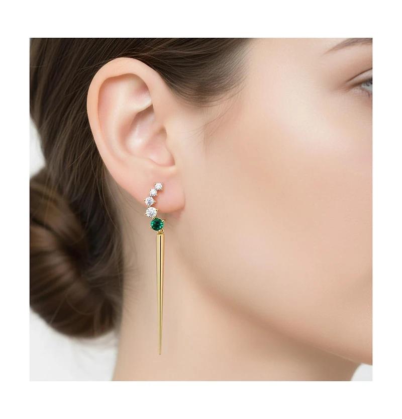 Elegant Waterfall Spike Dangle Earrings 14k Yellow Gold Plating with Green & Cubic Zirconia
