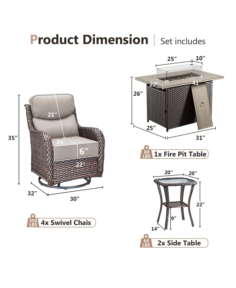 Gymojoy Crescent All-weather Pe Wicker Fire Pit Conversation Set with Olefin 6 In. Thick Cushions Patio Swivel Chairs Side Tables (7-Piece)