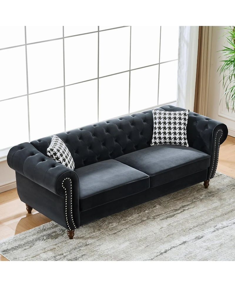 Streamdale Furniture Chesterfield Velvet Sofa Set, Roll Arm, Nailhead Trim, Modern Couch
