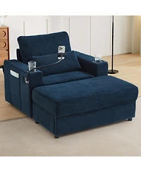 Streamdale Furniture Modern Armchair Chaise Lounge Sofa w/ Ottoman, Usb Ports, Cup & Phone Holders - Blue