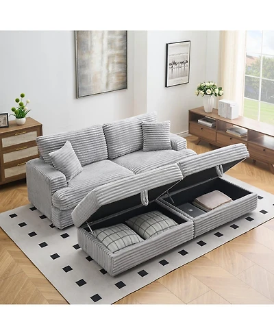 Streamdale Furniture + Sofa + Grey Corduroy + Storage Legs & 4 Pillows