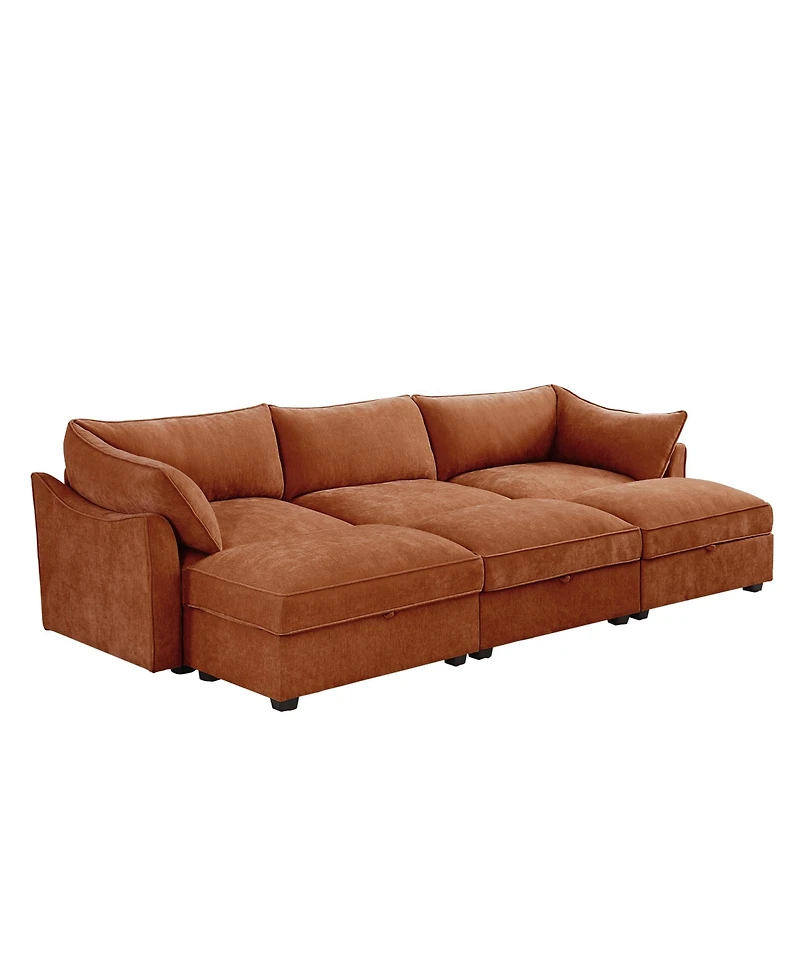 Streamdale Furniture 3-Seat Sofa w/ Ottomans & Storage - Chenille Orange