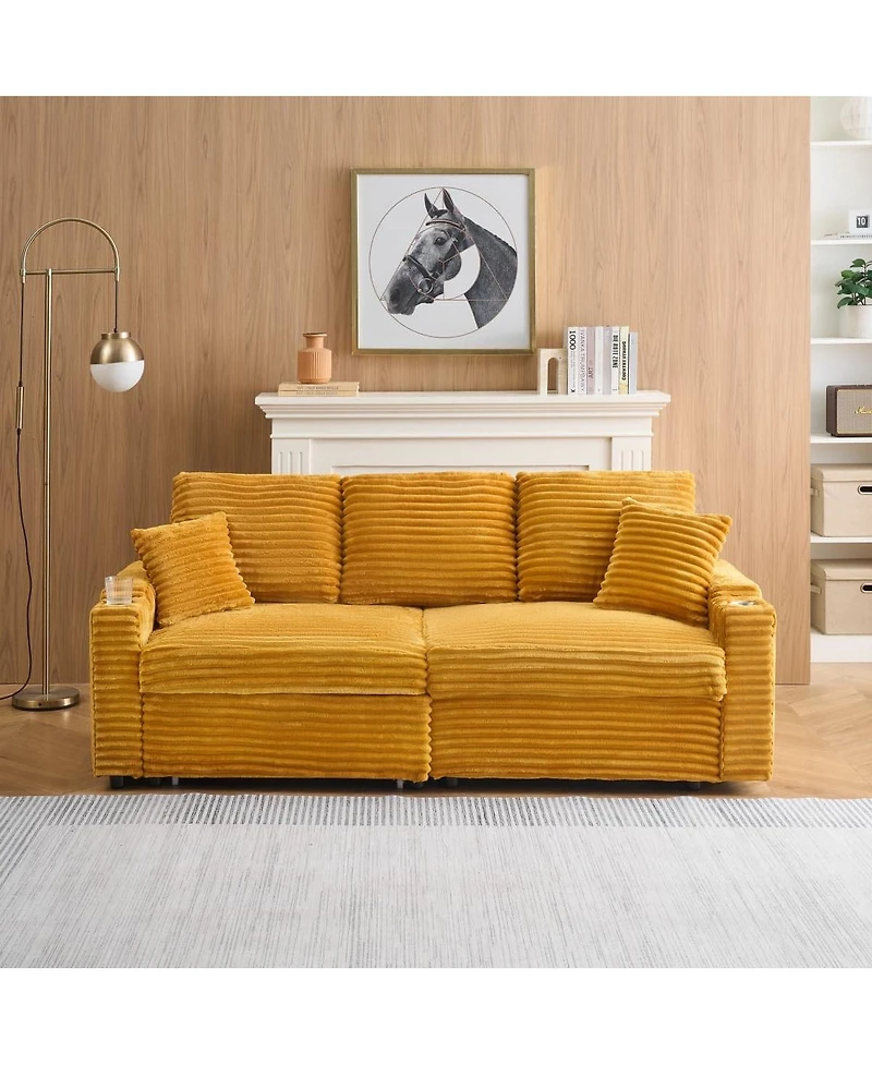 Maison Boucle 80" Pull-Out Corduroy Sleeper Sofa Bed with Cup Holders & Pillows for Living Room or Apartment