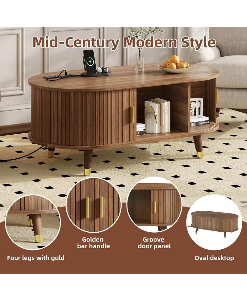 Streamdale Furniture 42.5" Oval Fluted Coffee Table with Charging Station, Sliding Door