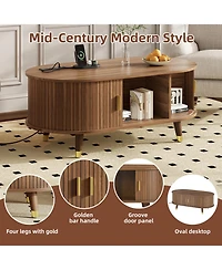 Streamdale Furniture 42.5" Oval Fluted Coffee Table with Charging Station, Sliding Door