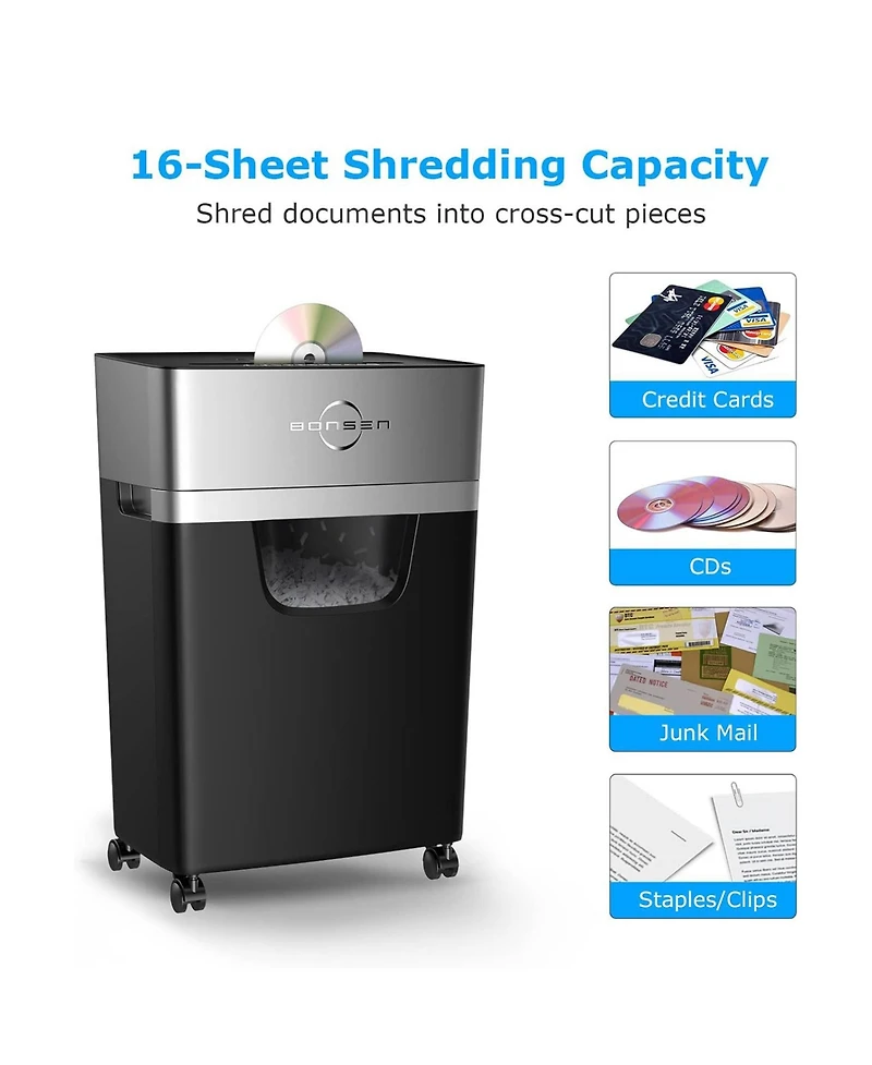 Bonsen 16-Sheet Heavy-Duty Crosscut Shredder, 60-min run, 60dB Low-Noise, 5.3Gal Bin, Anti-Jam, Quiet, Home/Office
