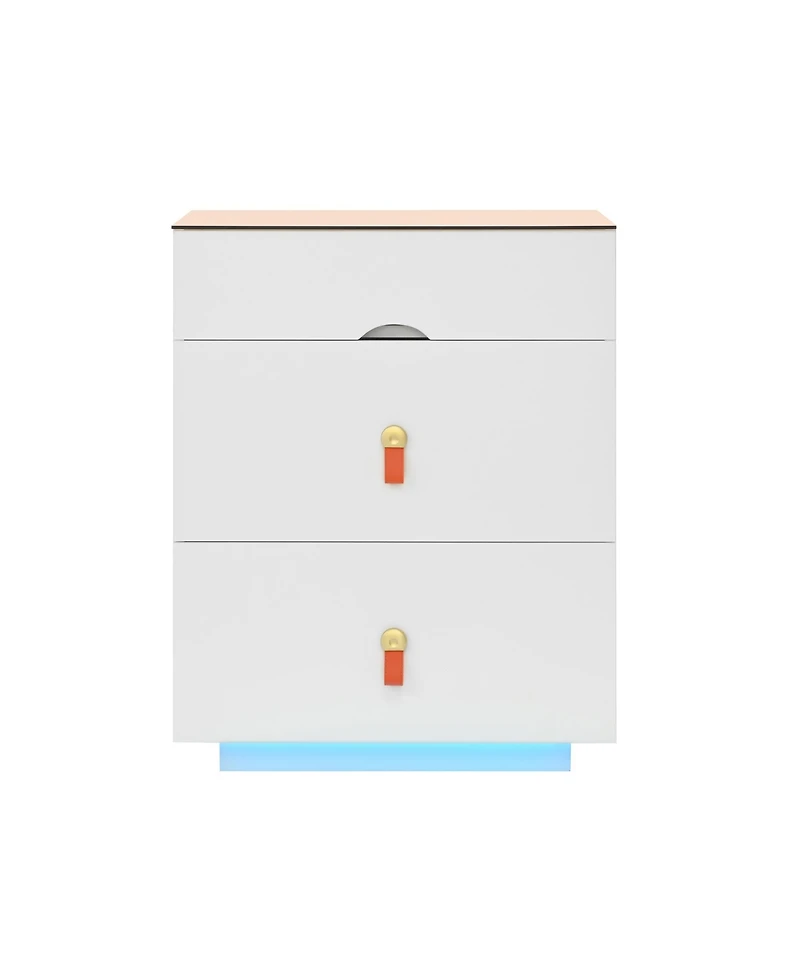 Streamdale Furniture 3-Drawer Led Nightstand, Glass Top, Faux Leather Handles