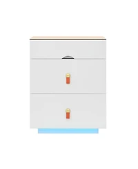 Streamdale Furniture 3-Drawer Led Nightstand, Glass Top, Faux Leather Handles