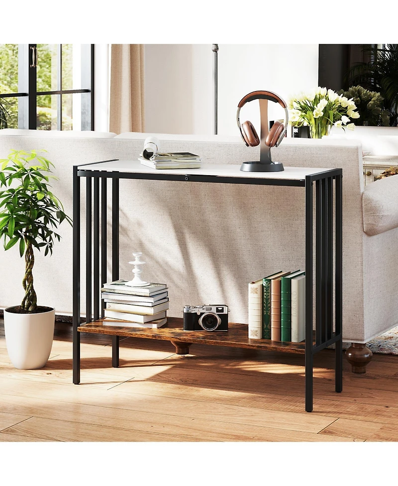 Console Table 2-Tier Industrial Foyer Table with Sintered Stone Tabletop