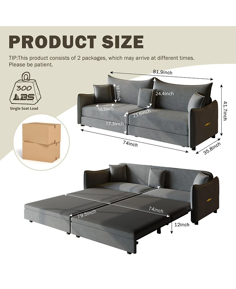 Maison Boucle 81.9'' Velvet Pull Out Sleeper Sofa Bed, 3-in-1 Convertible King Couch with Pillows, Modern for Living Room-Maison