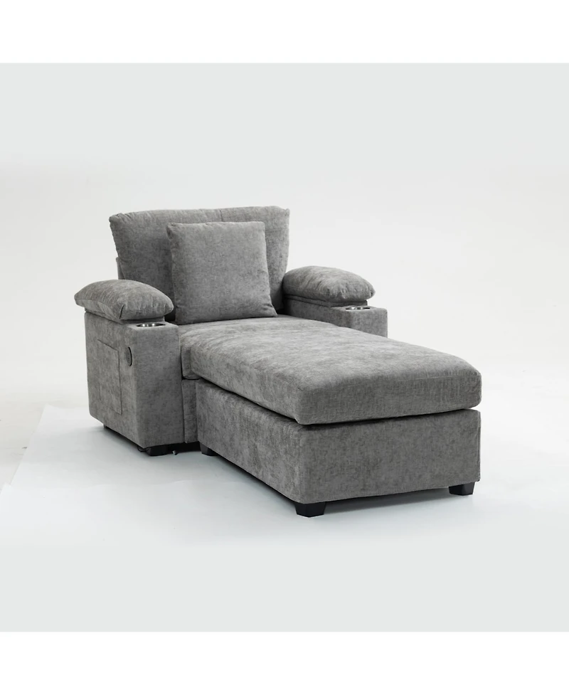 Streamdale Furniture Oversized Chenille Chair with Ottoman Usb & Cupholders