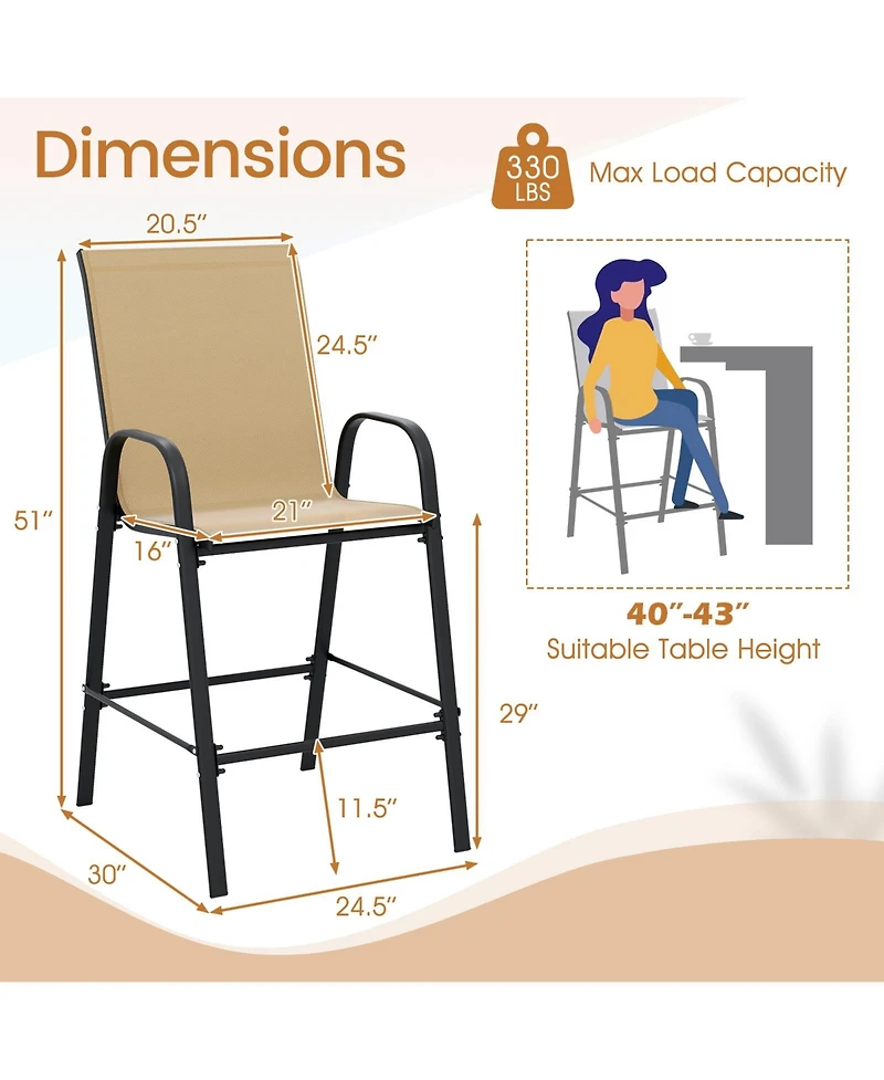 Gymax 4PCS Outdoor Bar Stools 29'' Fabric Height w/ Armrests & Footrest