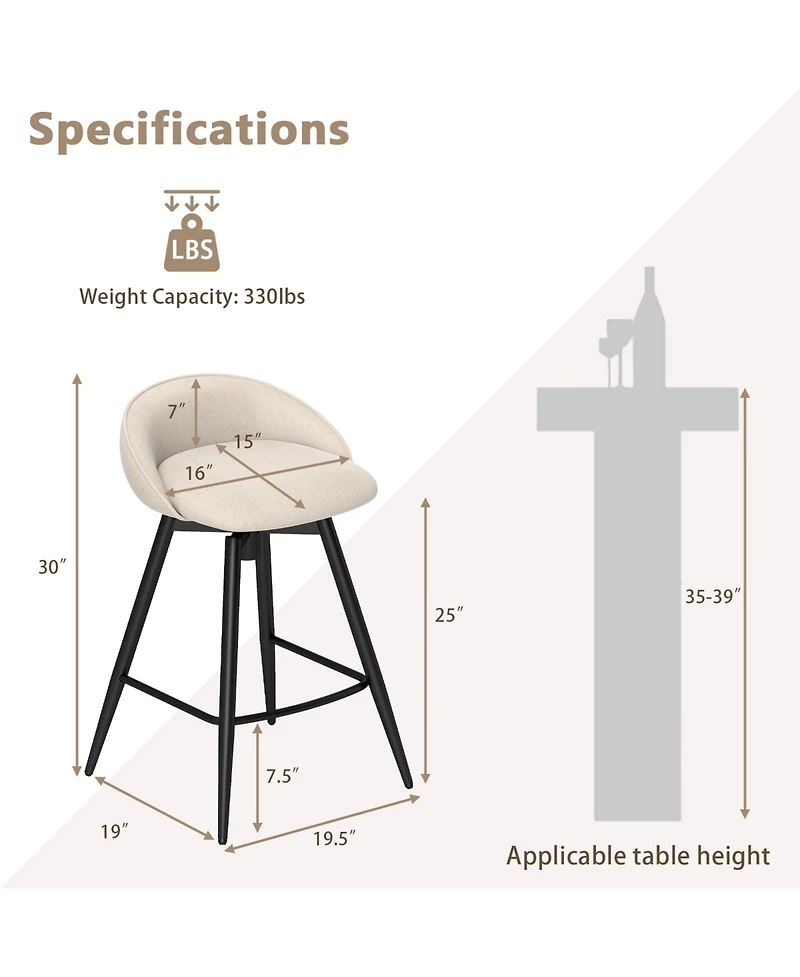 Gymax 25'' Upholstered Bar Stools Set of 2 w/ Footrest Backrest and Metal Frame